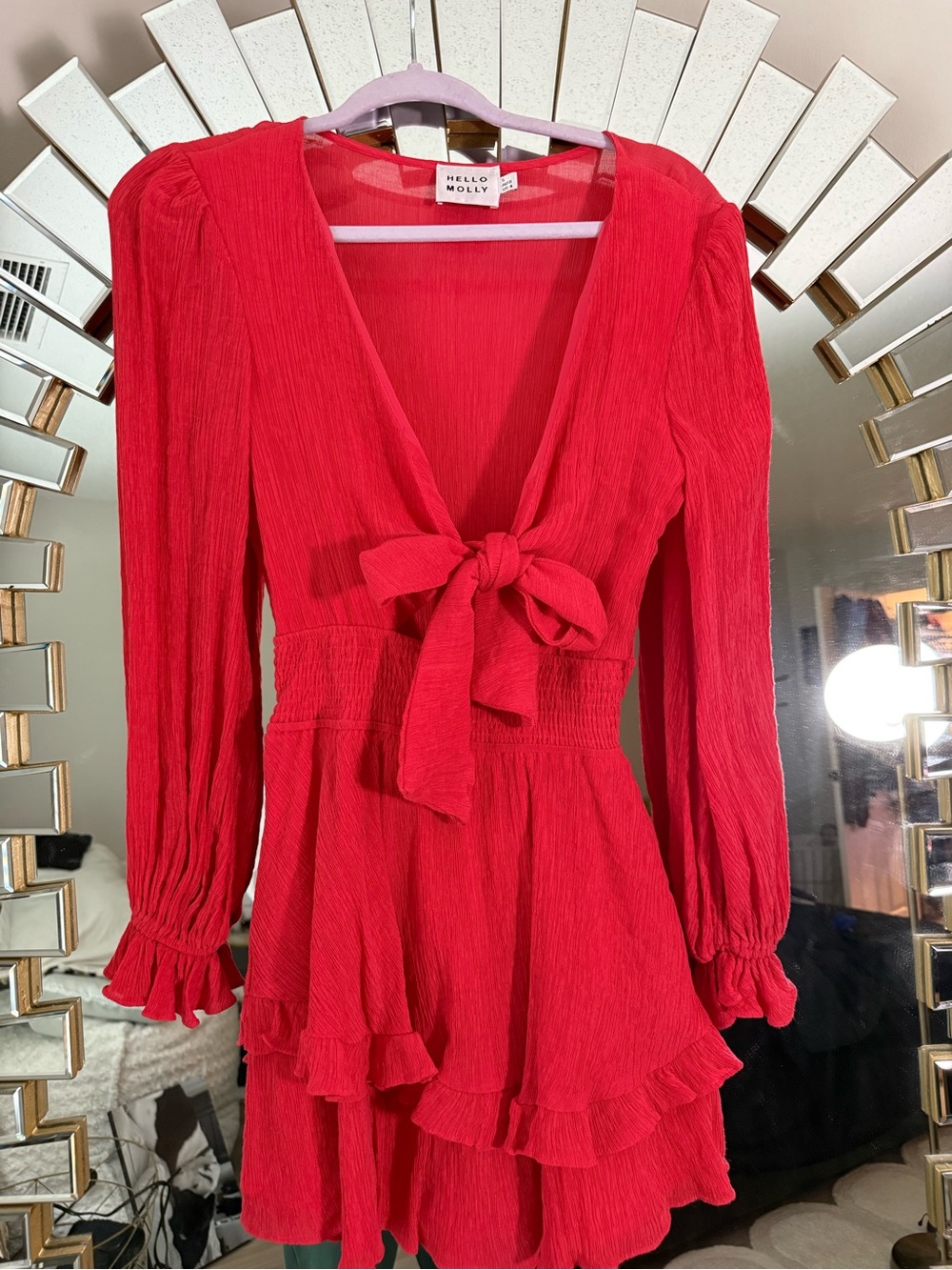 Hello Molly Red V-Neck Tie-Front Ruffle Mini Dress - Picture 2 of 6